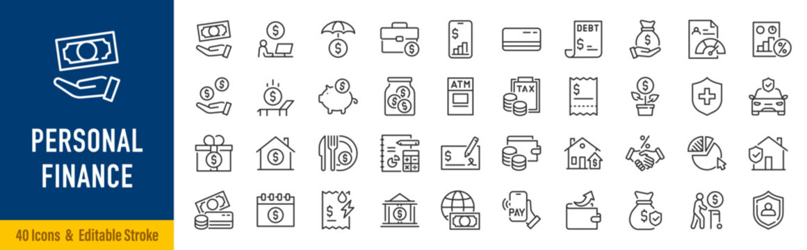 Personal Finance web icons in line style. Salary, budget, pay online, bank, credit card, wallet, tax, management, collection. Editable stroke. Vector illustration.