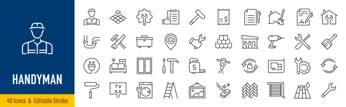 Handyman web icons in line style. Maintenance, plumbing, electrical, consultation, cleaning, installation , repair, collection. Editable stroke. Vector illustration.