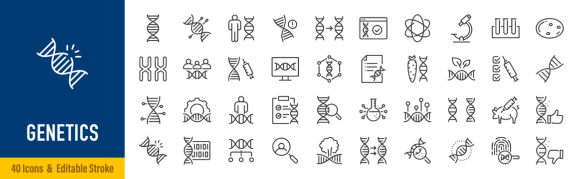 Genetics web icons in line style editable stroke. Chromosome, DNA, experiments, genome, genetic, biology, collection. Editable stroke. Vector illustration.