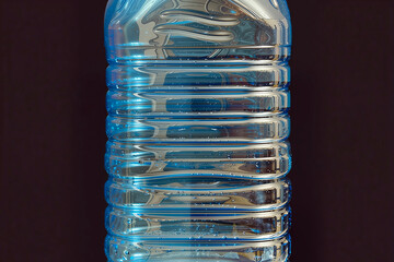 High-quality close-up image of a clear plastic water bottle with blue reflections, symbolizing freshness, hydration, purity, and clean drinking water on a dark background.