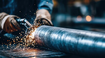 Professional worker in gloves cutting metal pipe with sparks in workshop