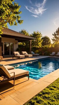 A luxurious backyard swimming pool with modern design, blue water, poolside chairs, and a lush green lawn under a bright blue sky
