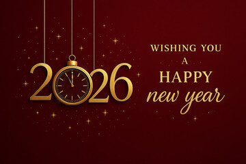 A luxurious golden new year 2026 clock design hangs against a deep red background with sparkling star accents