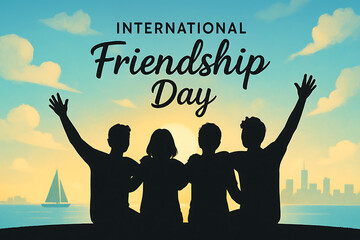International friendship day illustration featuring silhouettes of friends celebrating with raised arms against a vibrant sunset backdrop and city skyline