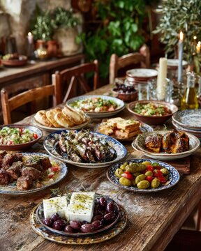 Traditional greek cuisine served on a rustic wooden table