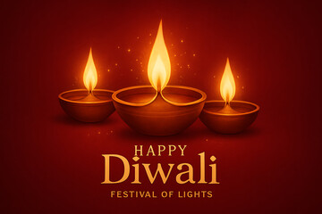 A vibrant depiction of three traditional diyas glowing brightly against a deep red background celebrating the festival of diwali and lights
