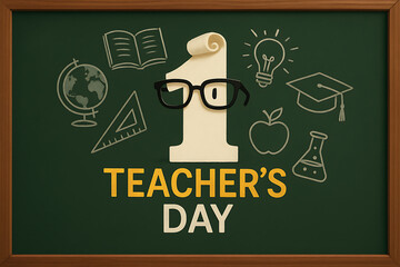 A charming chalkboard illustration celebrates teacher s day with academic symbols and a playful design featuring glasses and a number one