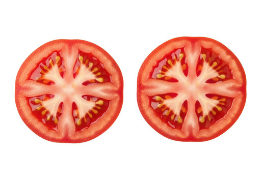 Two vibrant red, ripe tomato slices, cross-section, glossy juicy flesh, pale yellow seeds, internal locules visible, isolated on transparent background. Concept of healthy culinary ingredients