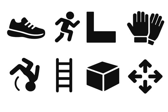 Workout silhouette icon set. featuring shoe, running, l shape, gloves, gymnastics, ladder, cube, directions