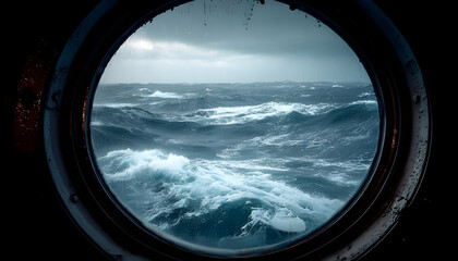 Fototapeta premium A ship in a storm at sea, a view from the window of high waves and shipwreckage. Waves outside the porthole.