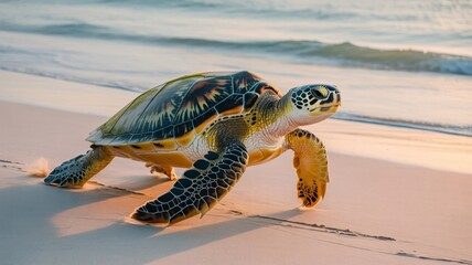 Sea Turtle on Sandy Beach in Soft Golden Light with Gentle Waves for Wildlife Conservation