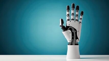 Robotic prosthetic hand displayed on a clean surface, showcasing intricate mechanical details and a sleek design, representing advanced technology in artificial limbs and rehabilitation solutions
