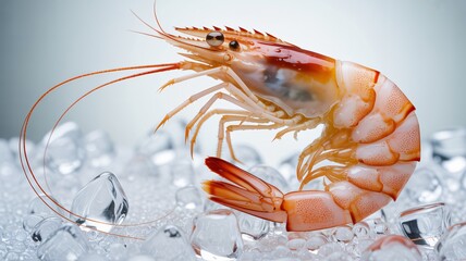 Shrimp on ice with vibrant orange color in studio lighting for seafood advertisement