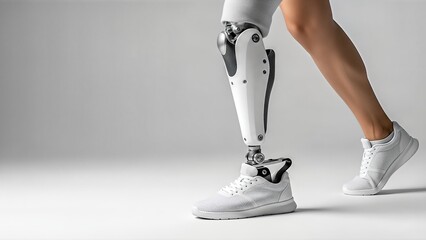 Prosthetic leg in motion, showcasing advanced technology and design, paired with modern athletic footwear, emphasizing mobility and innovation in prosthetics