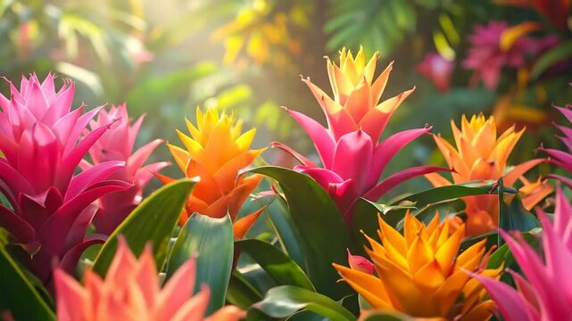 Vibrant bromeliad flowers in full bloom, showcasing a spectrum of colors in a lush garden.