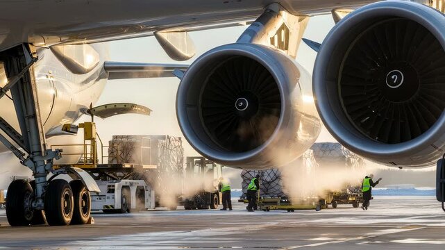 Airport ground crew prepare plane turbines and load cargo on ramp for worldwide air freight and express delivery service