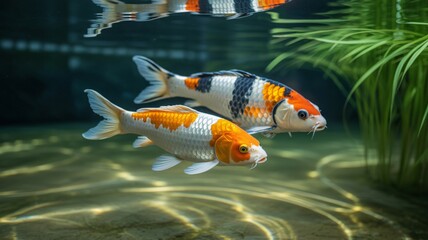 Koi Fish in Serene Pond with Vibrant Orange and White Scales in Soft Natural Lighting for Aquatic Decor