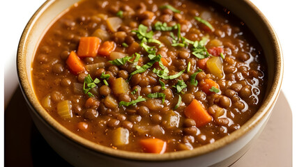 Warm lentil stew with vegetables in a ceramic bowl. Isolated on White background