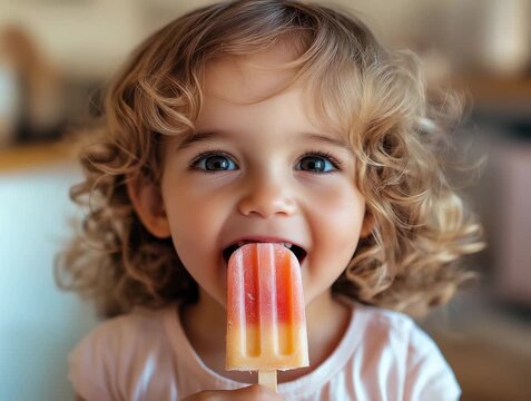 Child enjoys colorful popsicle in indoor setting with bright light and cheerful expression
