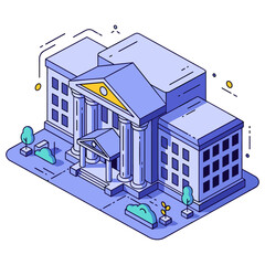 Naklejka premium Isometric illustration of a neoclassical bank building with adjacent offices. No editable stroke
