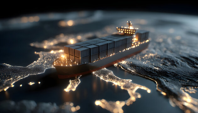Container ship and cargo boxes shown over the land with lights, symbolizing supply chain routes over a dark, geographical representation