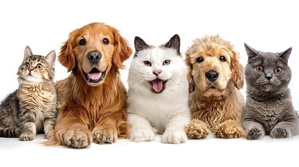 Obraz premium Adorable domestic cats and dogs of different breeds and colors happily resting side by side, creating a concept of connection, friendship, and companionship on a white background
