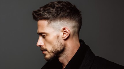 Caucasian young male with stylish haircut and beard in profile view.