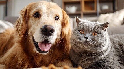 Fototapeta na wymiar Friendly golden retriever and placid british shorthair cat share a moment of companionship, portraying loyalty and friendship between different domestic pets in a comfortable home interior setting
