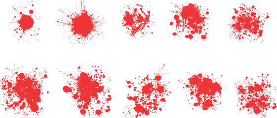 Obraz premium Set of blood splashes, drops and stains. Vector illustration showing red ink blobs and drips isolated Red paint blood splatter set. Grunge Halloween drops, sprays, and stains. Set of red blood drop.