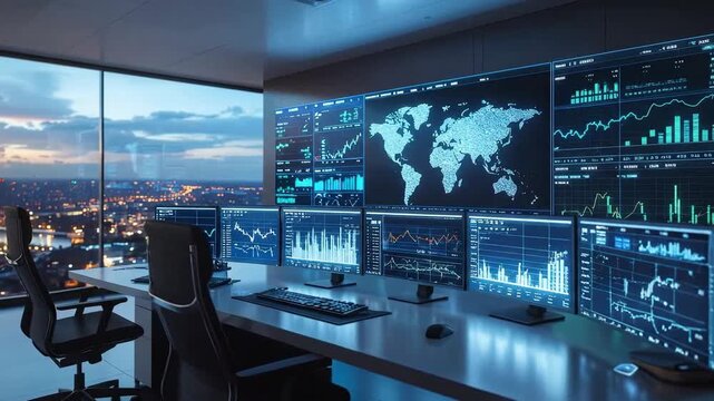 Modern trading room with multiple monitors displaying financial data and world map.