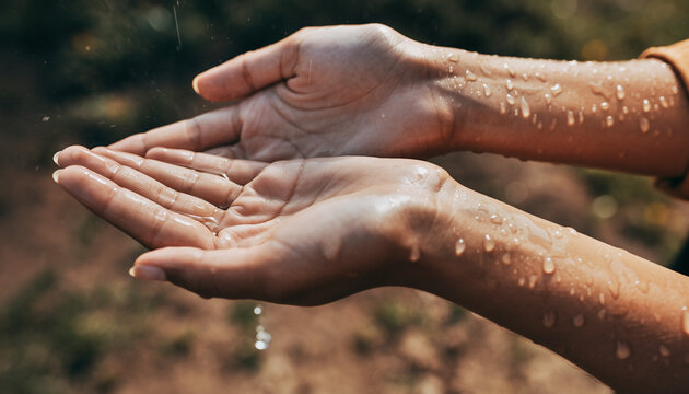 Close-up of hands feeling a light rain with visible droplets. Hyper-realistic professional close-up photograph of hands gently touching raindrops to the skin