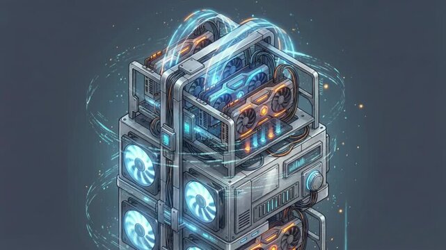 Isometric futuristic crypto‑mining rig with glowing GPU units, cooling fans, and digital energy pulses, illuminated by blue‑orange lighting with metallic textures and drifting ambient particles.