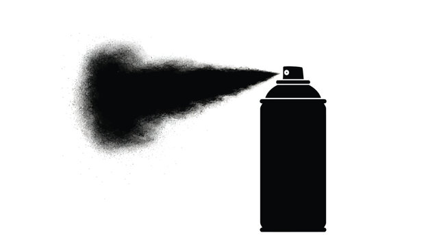 A black silhouette of a spray paint can emitting a plume of dark spray