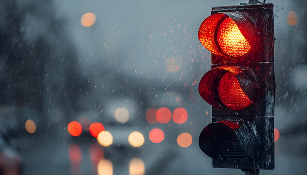 A traffic light with the red light on against a blurred background of a rainy city.