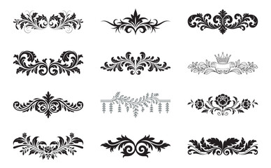 A comprehensive set of vintage decorative flourishes, borders, and dividers in black silhouette style