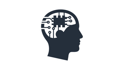 A stylized human head silhouette containing intricate circuit board patterns inside