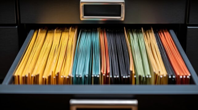 Open black metal filing cabinet drawer with many multi colored paper folders in an office