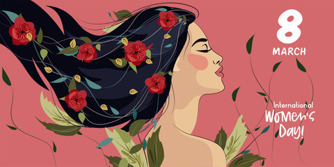 Woman with flowers in hairs, Hello spring, Girl with flowers. Happy international Women's Day card