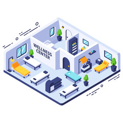 Fototapeta premium Isometric wellness center: fitness equipment, therapy rooms, and reception area