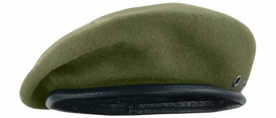 Olive Green Military Beret with Dark Leather Trim
