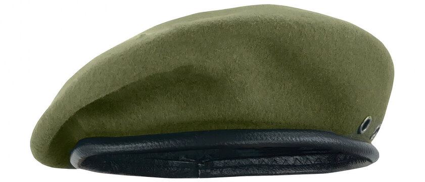Olive Green Military Beret with Dark Leather Trim