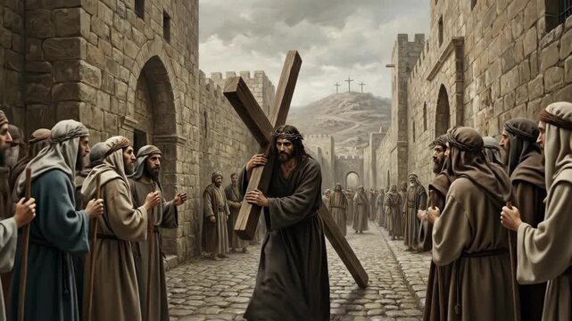 Jesus carrying the cross through ancient city cobblestone street illustration, crowd watching the passion of christ footage
