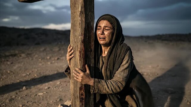Emotional woman crying and hugging a wooden cross in a desolate landscape for religious devotion footage