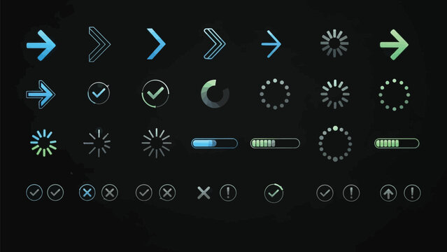 Set of glowing neon interface elements including arrows checkmarks loading spinners and progress bars on black.