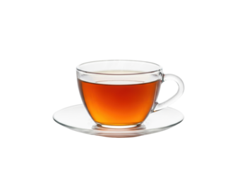 A delicate clear glass teacup with warm amber black tea and subtle rising steam, on a matching saucer, isolated on a transparent background, concept of serene comfort and relaxation