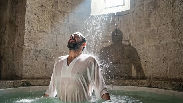 Catholic man in white shirt undergoing baptism or purification ritual with splashing water in ancient stone bath, footage.