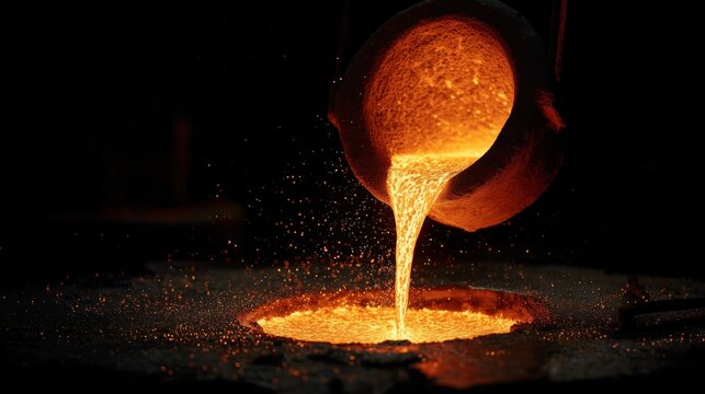 Molten glowing metal pouring from a ladle into a mold with sparks in a dark foundry