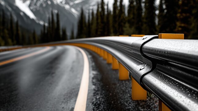 Close up of a metal safety guardrail on a winding mountain road with forest background