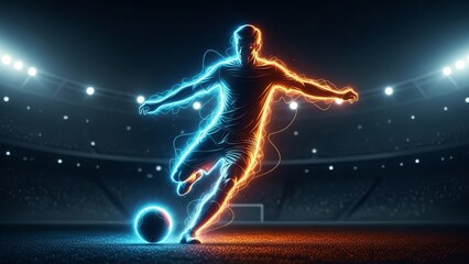 Dynamic glowing soccer player silhouette captured mid-kick in a dark stadium, surrounded by intense electric blue and fiery orange energy lines illustrating powerful motion and athletic skill during a