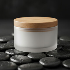 Frosted Glass Jar With Wooden Lid Placed On Spa Pebbles, Minimalist Skincare Container